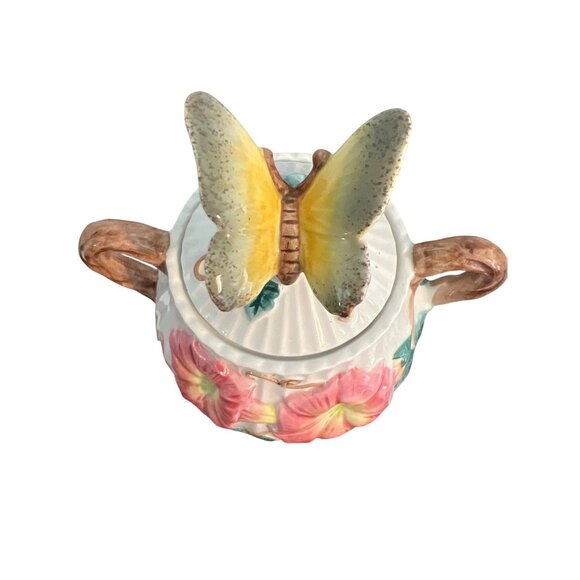 Vintage Fitz Floyd Classics Morning Glory Sugar Bowl Candy Dish Lidded Butterfly - Picture 4 of 7